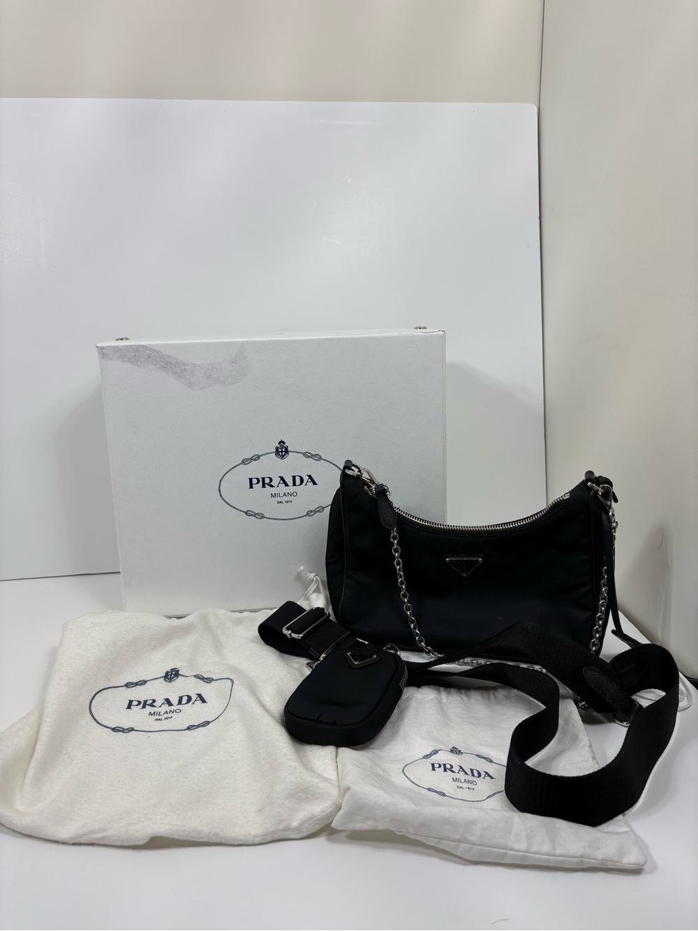 Prada Black Nylon Shoulder Bag with Chain and Strap